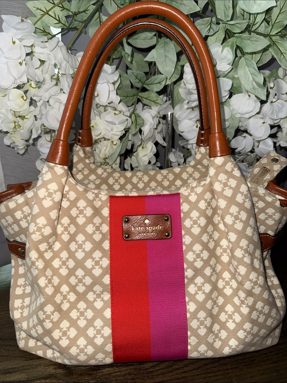 kate spade NWOT Beige Canvas Satchel with Red & Pink Center Stripe